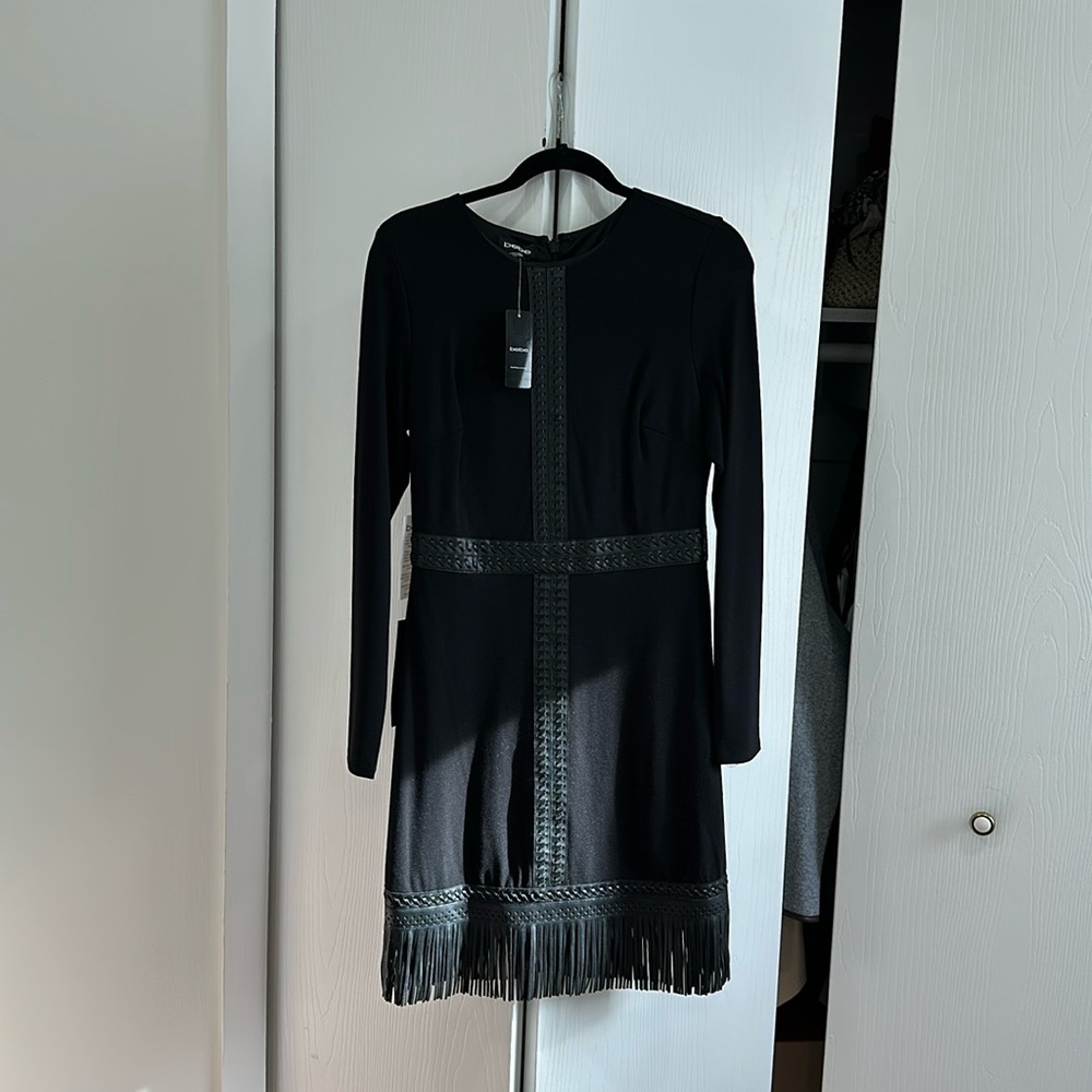 Bebe faux leather embroidered fringe dress